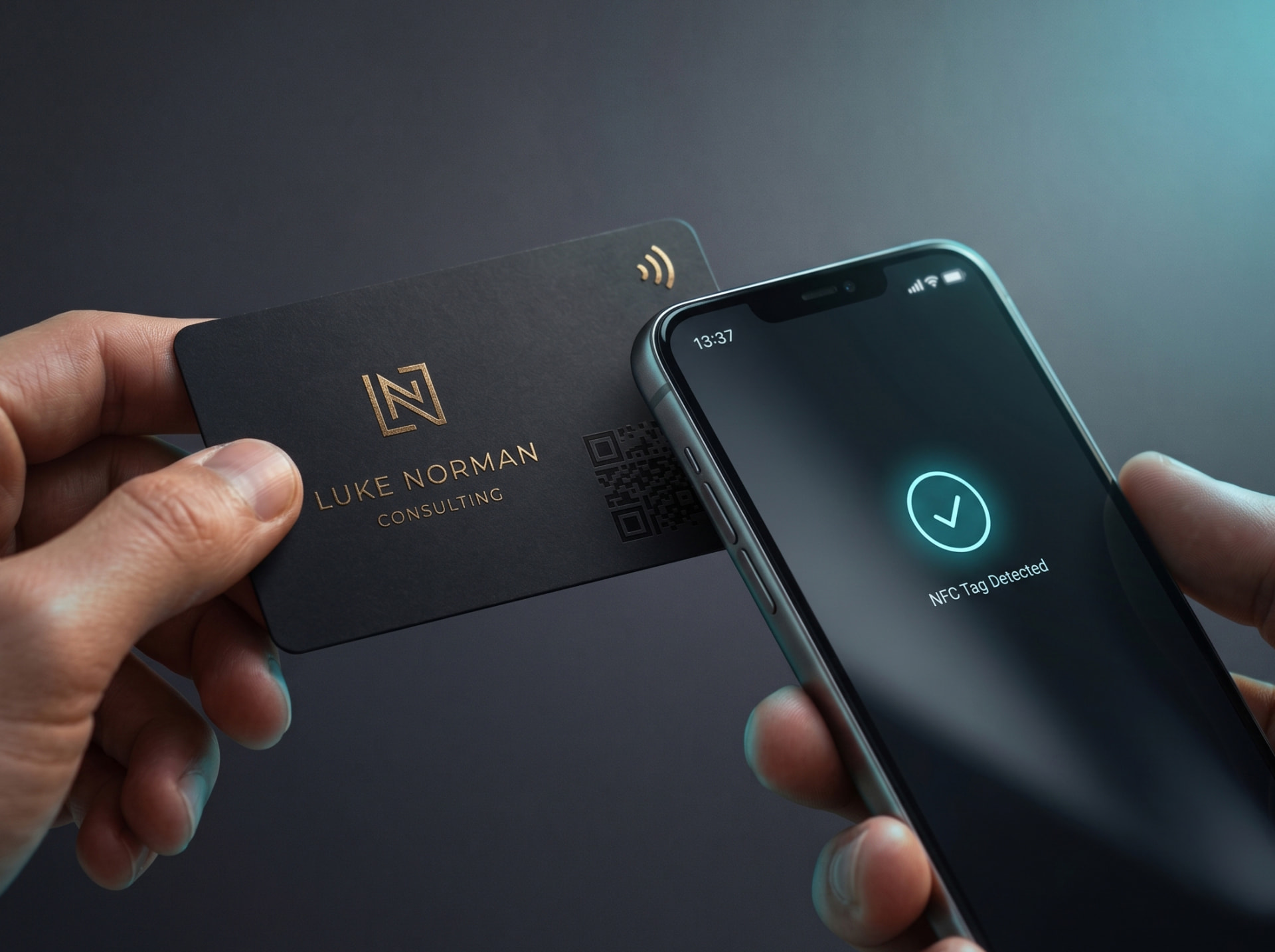Celular sendo aproximado de um cartão inteligente NFC da Lisarb Personalizados